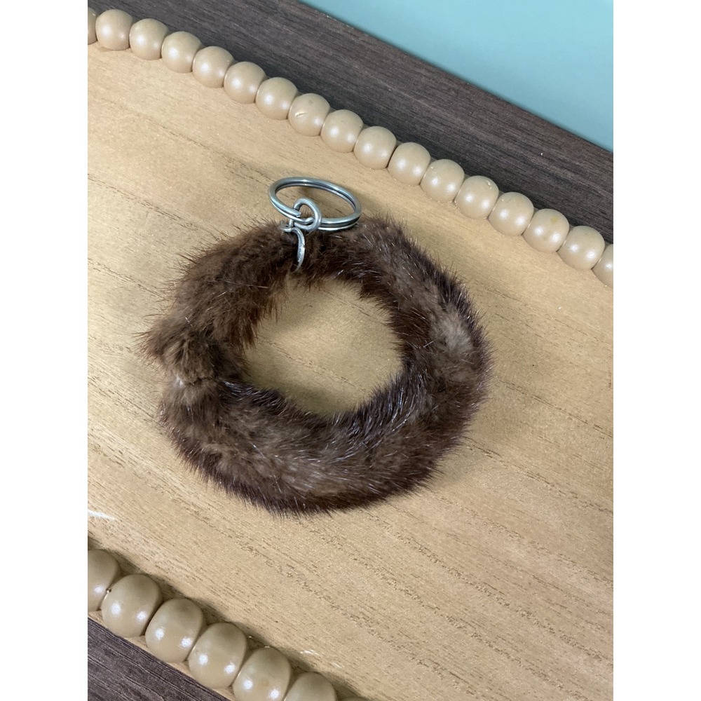 Vintage Real Mink Fur Keychain Brown Circular Bag Charm Silver Tone Ring 3 Inch